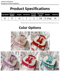 Detailed grid showing pink, red, and purple quilted girl's bow bags with size chart
