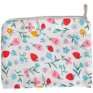 Floral strawberry cotton coin purse with white zipper minimalist pouch for women