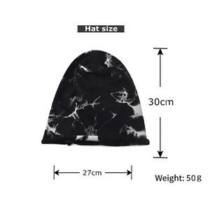 Tie-dye knit beanie in black and white with 30cm x 27cm size dimensions and 50g weight