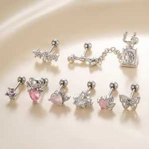 Colorful zircon titanium steel stud earrings set featuring bear and butterfly designs