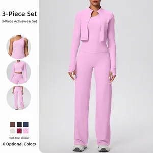Women Sporty Top And Bottom Solid Color Zipper Jacket One Shoulder Bra Wide Leg Pants Yoga Gym Outfit