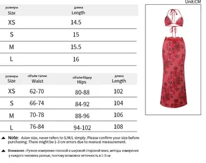 Tableau des tailles détaillé pour ensemble bikini licou avec mesures du haut et jupe