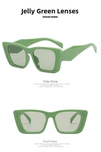 Detail view of jelly green square frame sunglasses showing front and side perspectives