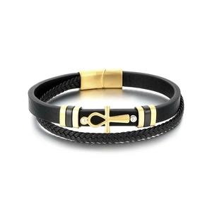 Multilayer leather bracelet with golden Ankh cross and magnetic stainless steel clasp