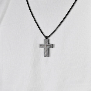 Men's fashion cross pendant in black titanium steel with silver inlay and box chain
