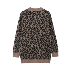 Back view of leopard print knit cardigan in brown and black with plush texture