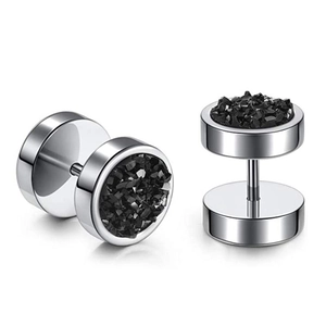 Close-up of barbell stud earrings in silver steel with black druzy stone inlay details
