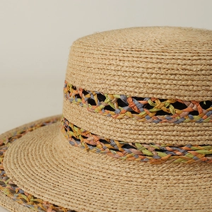 Handmade raffia straw boater hat with colorful hollow knit bands for summer sun protection