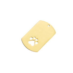 Detail of a gold rectangular mirror finish dog tag with hollow paw cutout design