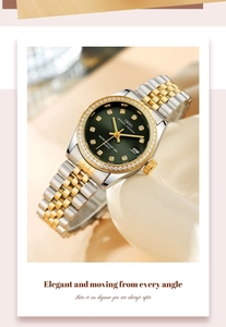 Macro shot of luxury emerald green watch dial with diamond bezel and bicolor steel strap