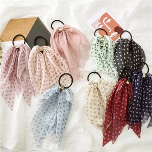 Polka Dot Bow Hair Ties Chiffon Long Streamer Scrunchies With Metal Ring Sweet Elegant Headwear For Women Girls