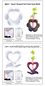 Detail showing heart-shaped resin vase molds with exact dimensions and flexibility