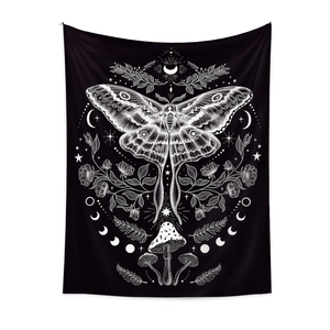 Bohemian butterfly wall tapestry with white line art on black background for home decor