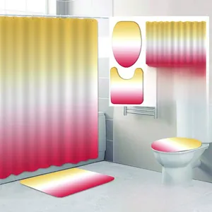 Modernes Badezimmer-Set mit gelb-rosa Farbverlauf, Duschvorhang, Matten und WC-Bezug