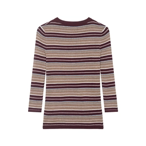 Striped knit cardigan with purple, brown and blue multi-color stripes on white background