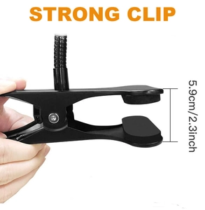 Detail of black metal clip with non-slip pads showing 5.9cm maximum opening width