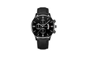 Gros plan d'une montre Geneva pour homme avec cadran noir, date et bracelet en cuir