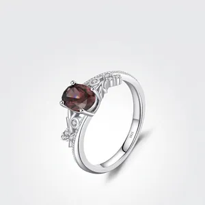 Vintage Oval Red Zircon Ring 925 Sterling Silver Exquisite Floral Vine Design For Women Retro Style Elegant Jewelry