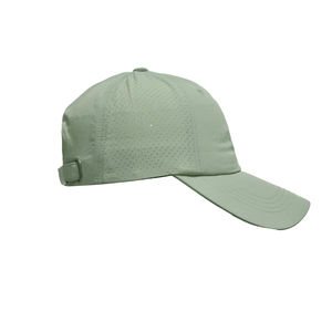Detail of breathable laser-cut side holes on a quick-dry green baseball cap