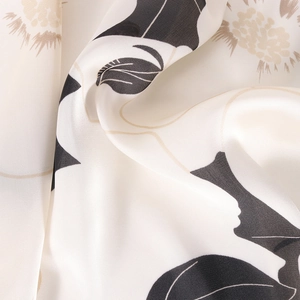 Elegant 90x90cm white satin scarf featuring black and beige floral botanical patterns