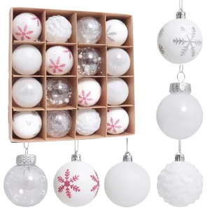 16pcs Christmas tree ornaments set with white and transparent snowflake patterns in a box