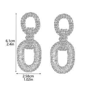 Luxurious silver geometric chain earrings with shiny rhinestones and size measurements