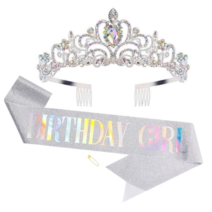 Silver Birthday Girl glitter sash and rhinestone tiara set for party decorations