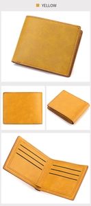 Detailed views of yellow bifold wallet with multi-card slots and vintage texture