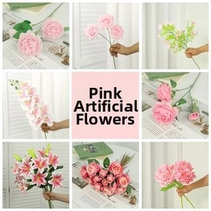 Detailed grid showing artificial pink silk flowers including hydrangeas and roses
