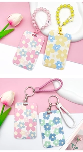 Floral student ID card holder set with colorful resin beads and PU leather wristlets