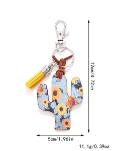 Detail of wooden sunflower cactus keychain with size specs and a yellow tassel