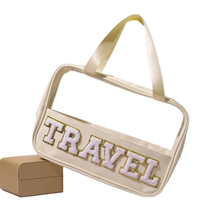 Beige clear PVC and PU travel bag with large capacity and embroidered TRAVEL text