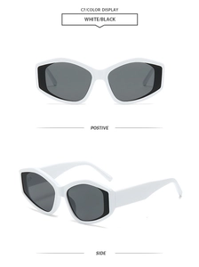 Front and side views of classic white cat eye sunglasses with dark lenses