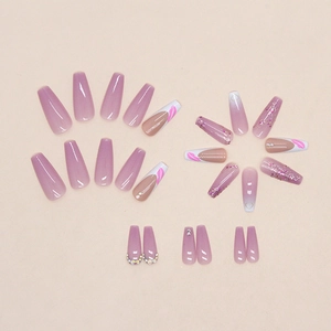Purple gradient coffin press-on nails with diamond glitter and heart feather designs