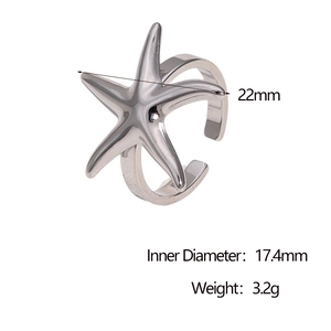 Detailed size chart showing 22mm starfish width and 17.4mm inner diameter on silver ring