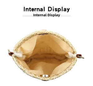 Internal view of straw shoulder bag with fabric lining and magnetic closure