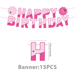 Pink Spider Happy Birthday banner set with 15cm letters and spider web party decorations