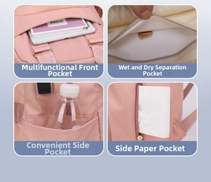 Pink diaper bag detail showing multi-pocket layout, wet-dry pocket and tissue side access
