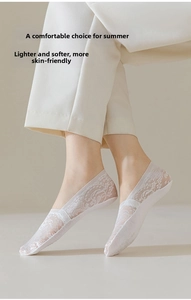 Close-up of white jacquard lace no-show socks with delicate floral texture for women