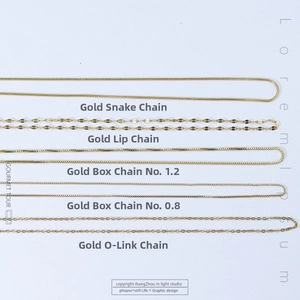 Detail showing various gold-plated stainless steel chain styles like snake and box chains