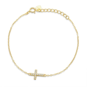 Gold plated 925 silver cross pendant bracelet with sparkling stones and heart tag