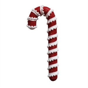 Red and white glitter candy cane ornament with plush accents for Christmas tree decoration