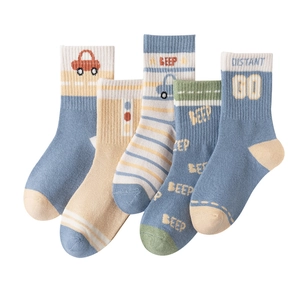 Five pairs of kids cotton crew socks with blue and beige cartoon car patterns and stripes