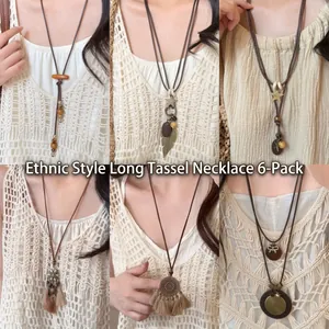 Bohemian Necklace Long Pendant Wood Bead Alloy Charm Ethnic Vintage Tassel Sweater Chain Women