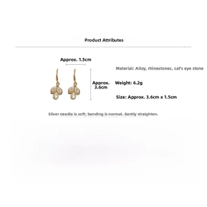 Detailed dimensions of cat-eye drop earrings with crystals and silver needle studs