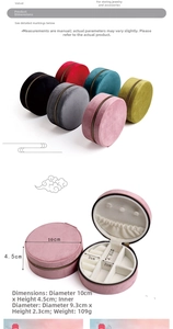 Detail view of round velvet jewelry organizer with zipper closure and internal dividers