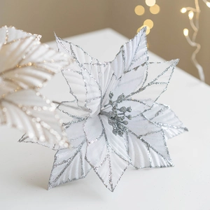 25cm silver velvet and mesh Christmas flower with glitter for tree and wreath decoration