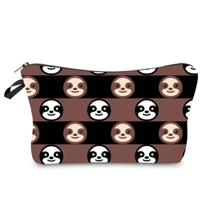 Detailed view of cartoon sloth print stripes on a portable travel toiletry bag