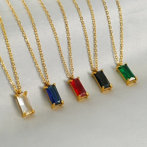 Women Rectangular Colorful Cubic Zirconia Pendant Necklace 18K Gold Plated Stainless Steel Geometric Jewelry Minimalist