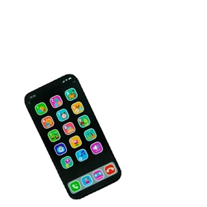 Black educational toy phone for kids with colorful touchscreen app icons on white background